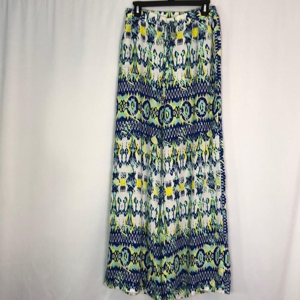 BEBE WOMEN BOHEMIAN Wide Leg Drawstring Waist Blue/ White/ Yellow pant Size M